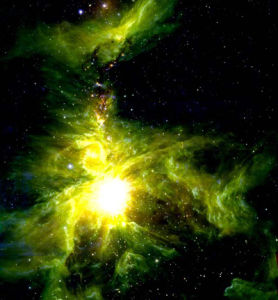 獵戶座星雲的部分分子雲被附近的恆星照亮而發綠光，噴射氣體為紫紅色，噴射氣體的恆星則呈現金黃般的橙色。 