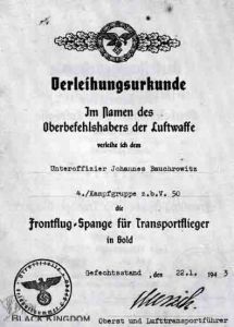 金質獲授證明檔案，1943年01月22日授給Johannes Bauchrowitz，A5尺寸(150mm×210mm)