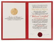 威廉·坎貝爾的諾貝爾獎證書