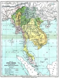 1886年時的中南半島，東部的土黃色部分為當時的法國殖民地