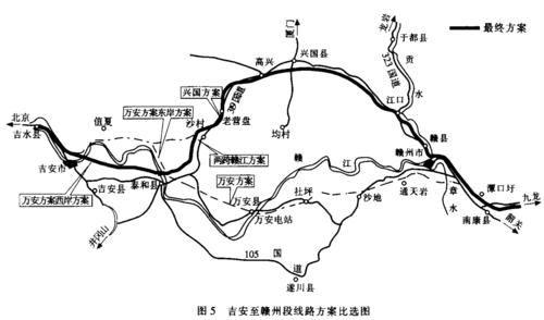 京九鐵路兩跨贛江繞大彎的萬安縣至興國縣線路組合方案示意