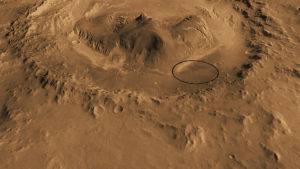 蓋爾環形山以及“好奇”號的打算著陸的地點（橢圓形內）。