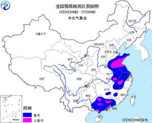 2013年5月26如至27日全國強降雨落區預報圖