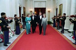 President Ronald Reagan, Nancy Reagan, Bill Clinton and Hillary Clinton attending the Dinner Honoring the Nation's Governors. 1987.2.22