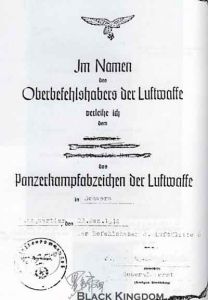 1944年12月28日，A5尺寸(150mm×210mm)黑級空軍坦克攻擊章正式證明檔案。