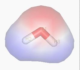 （圖）水是極性化合物。由於氧原子強烈的電負性，電子對明顯偏向氧一側，因此氧周圍聚集負電荷（紅色部分），氫原子周圍聚集正電荷（藍色部分）。