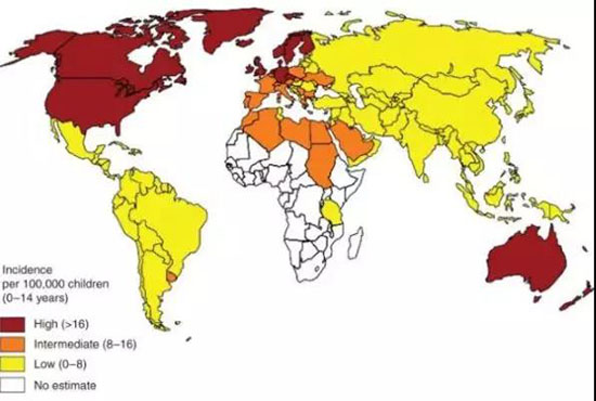 兒童1型糖尿病患者地理分布圖