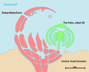 杜拜濱水城區（粉紅）與傑貝勒阿里棕櫚島（綠）