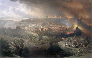 《羅馬人提圖斯帶兵圍困且破壞耶路撒冷》，蘇格蘭畫家大衛·羅伯茨（David Roberts）於1850年參考了猶太戰爭的故事情節所繪。