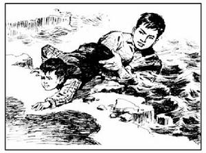 羅盛教（右）救起落水兒童崔瑩（左）插畫